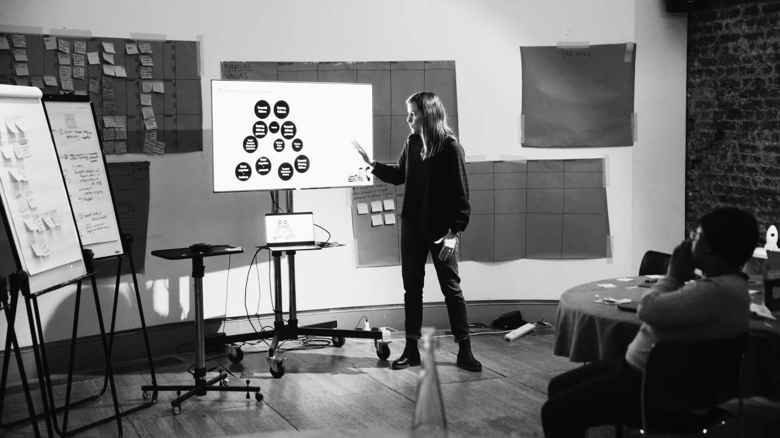 Liv running a workshop, presenting a content model to a team